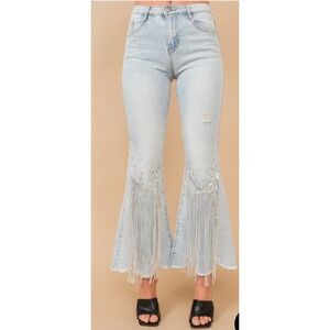 Blue B Collection Women Light Wash Distress Flare Jeans Rhinestone Fringe Size S
